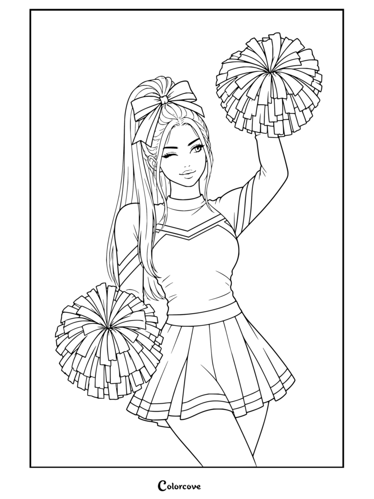 Coloriage à imprimer d'une cheerleader blonde avec des pompons, souriante et faisant un clin d'œil dans un uniforme classique de Cheerleading.