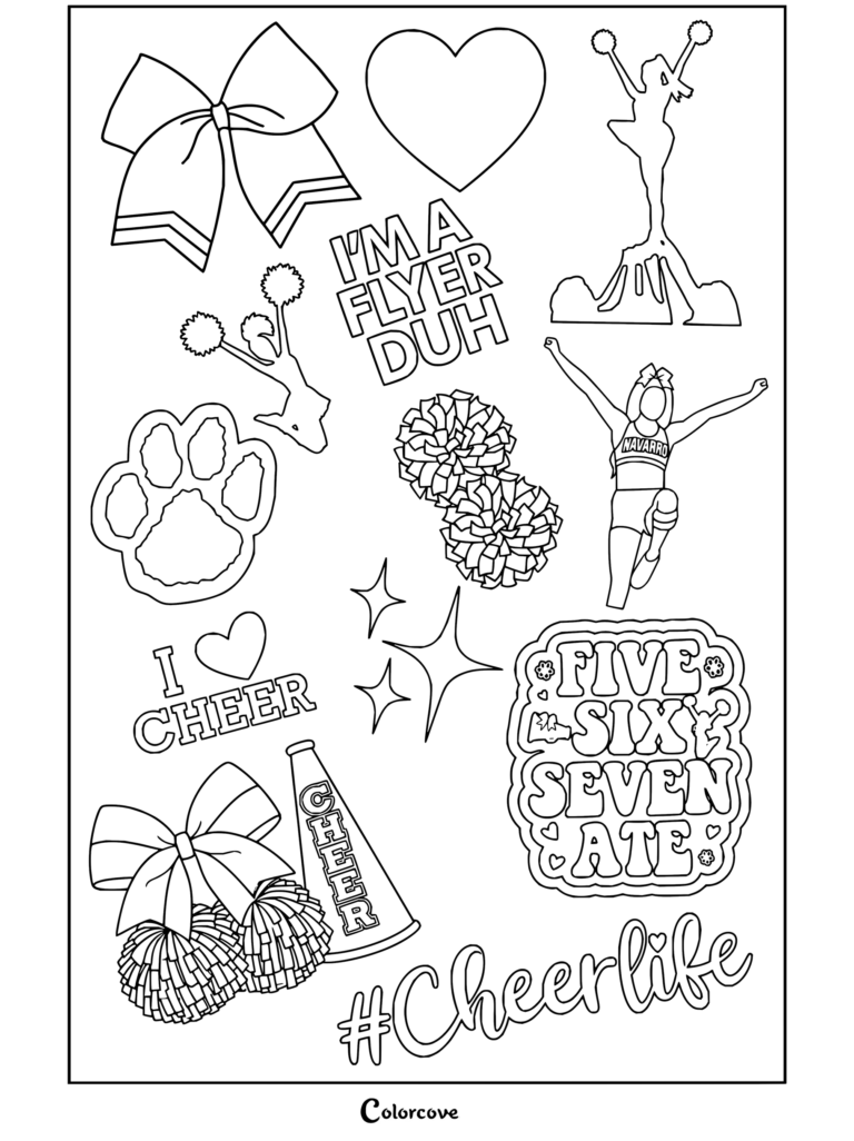 Coloriage de stickers de cheerleader avec des nœuds de cheerleading, des pompons, des mégaphones et de superbes lettrages.