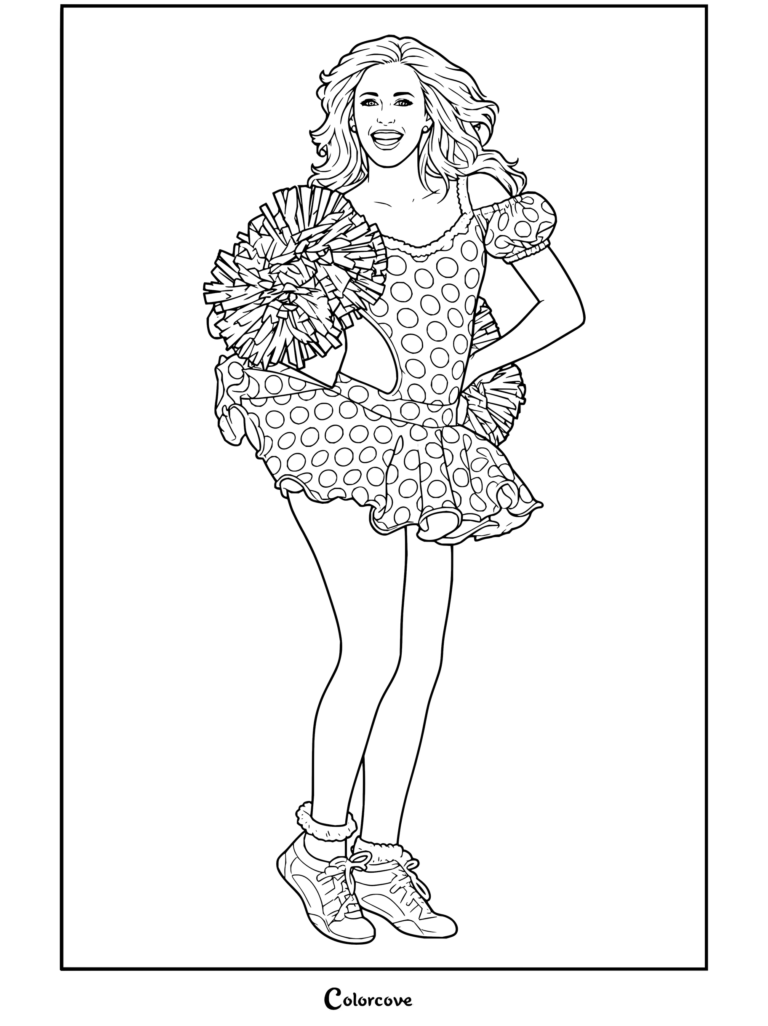 Coloriage des cheerleaders des Dallas Cowboys dansant en uniformes roses à pois avec des pompons.
