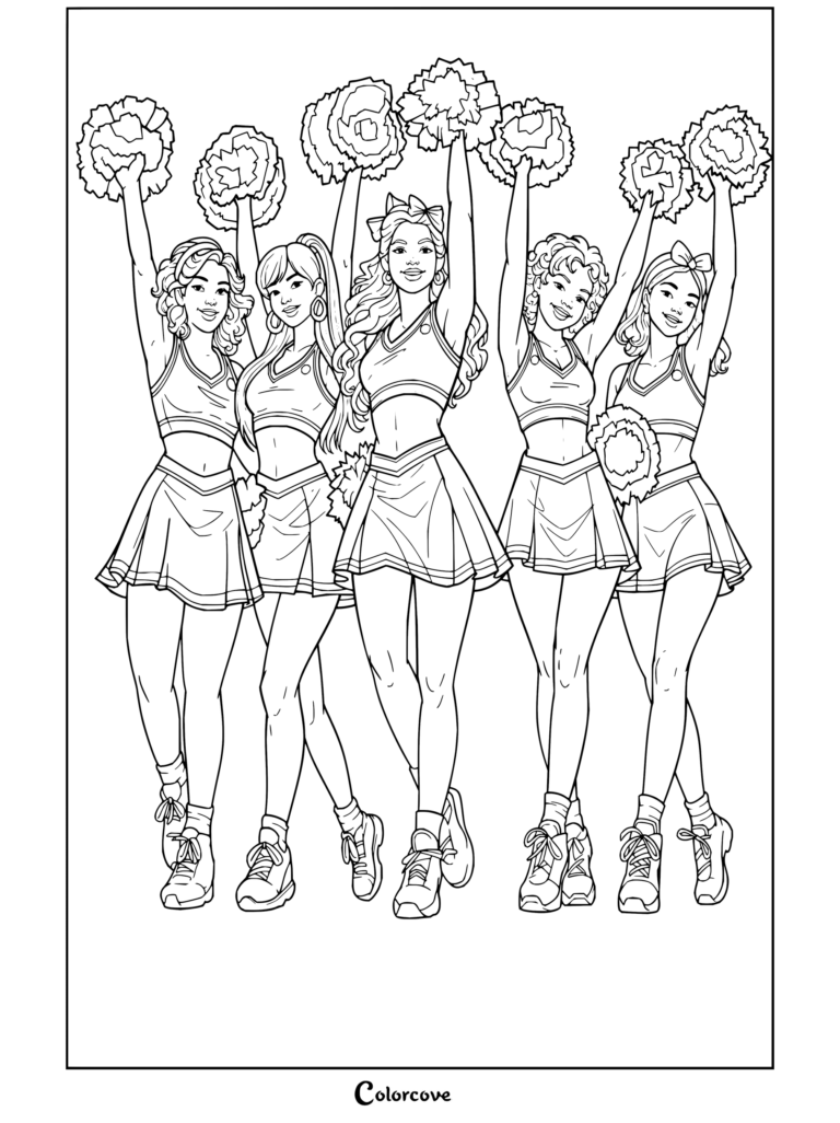 Coloriage à imprimer de cinq cheerleaders tenant des pompons dans un stade, prêtes à être coloriées.