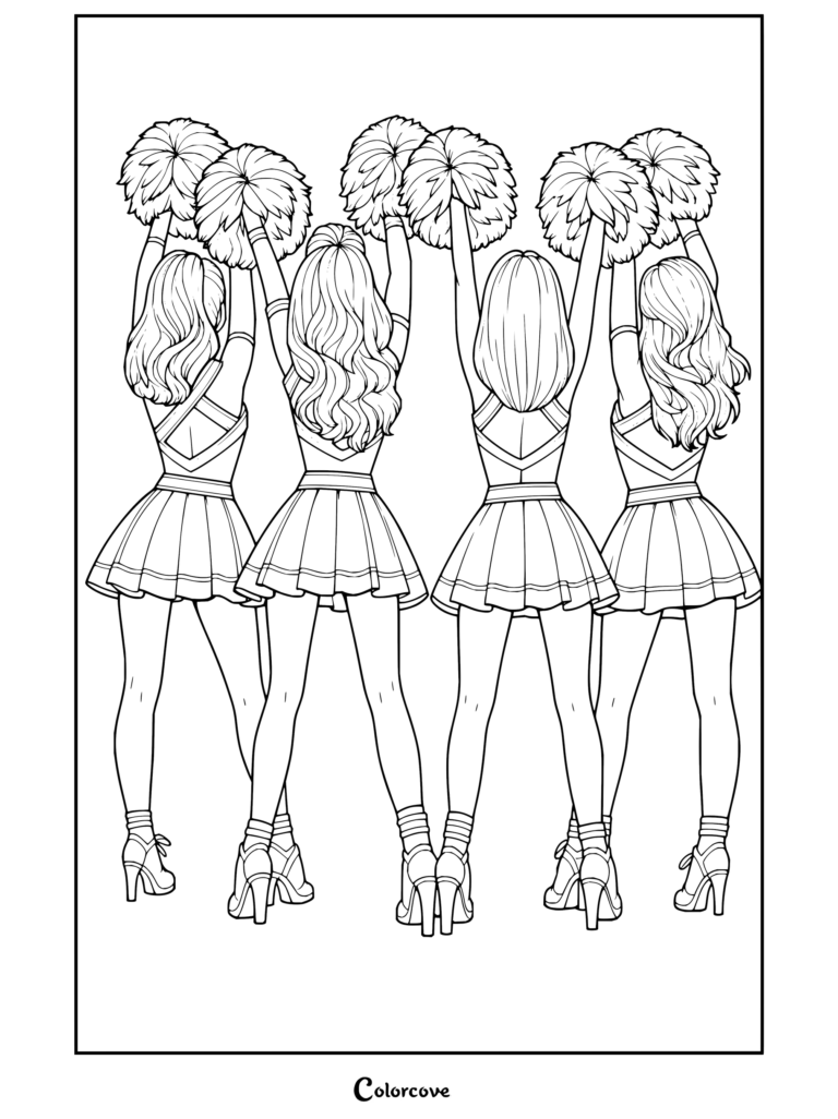 Coloriage de quatre cheerleaders de dos tenant des pompons dans des tenues assorties, spécialement conçu pour les fans de Cheerleading.