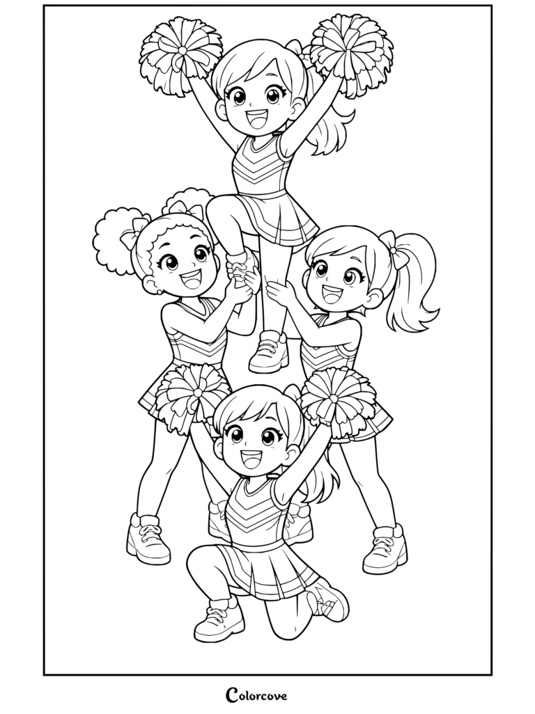 Coloriage montrant quatre cheerleaders réalisant une pyramide sur un tapis bleu avec des pompons et des uniformes assortis.
