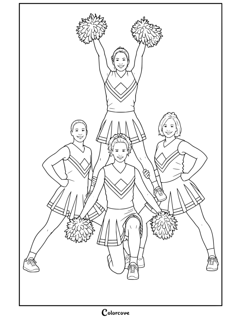 Un coloriage à imprimer illustrant quatre cheerleaders effectuant une acrobatie avec des pompons sur le thème du Cheerleading.