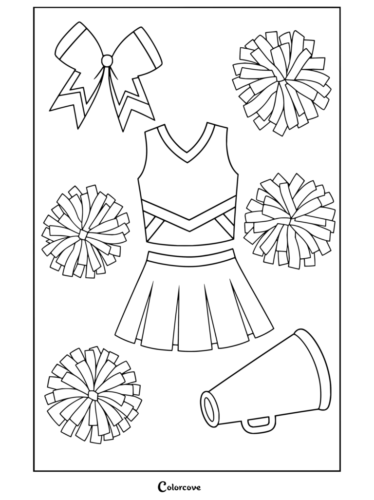 Coloriage de Cheerleading présentant un uniforme de cheerleader vert, un nœud de cheerleading, des pompons et un mégaphone.