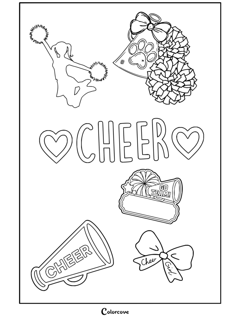 Coloriage à imprimer composé d'une silhouette rose de cheerleader, d'un mégaphone, de pompons et d'un nœud de cheerleading.