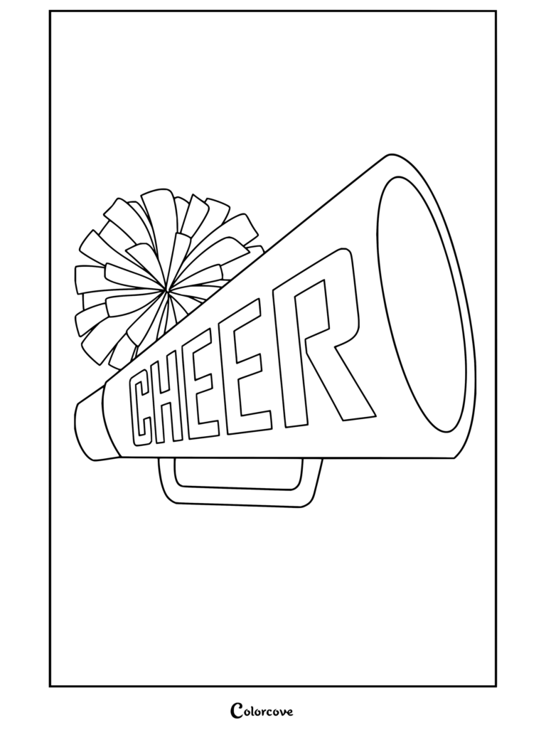 Coloriage à imprimer d'un mégaphone de cheerleading rose accompagné de pompons et de l'inscription cheer.