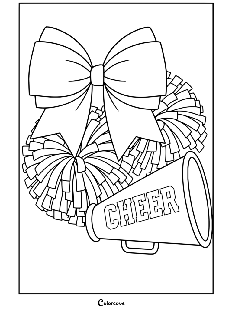 Coloriage de Cheerleading mettant en valeur un nœud de cheerleading violet scintillant, un mégaphone et des pompons.