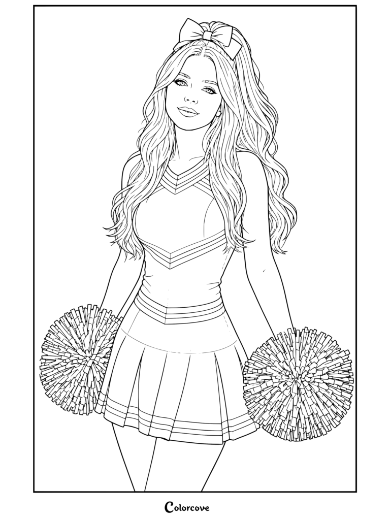 Coloriage d'une cheerleader blonde souriante en uniforme tenant des pompons sur un terrain de football américain.