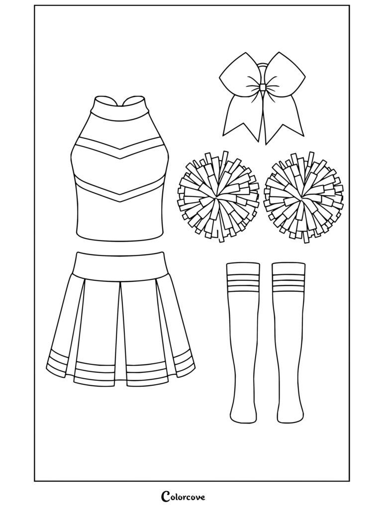 Coloriage de Cheerleading représentant un uniforme de cheerleader rouge et blanc avec des pompons, un nœud de cheerleading et des chaussettes.