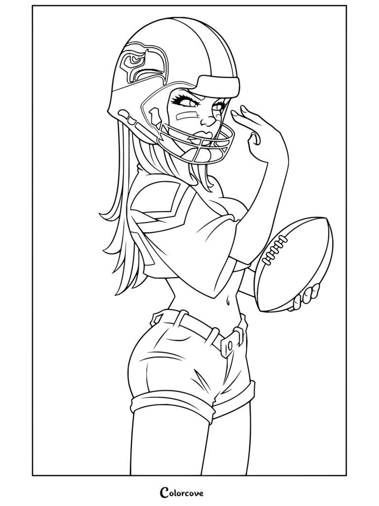 Coloriage d'une cheerleader des Seattle Seahawks tenant un ballon, avec un joueur en casque et short.