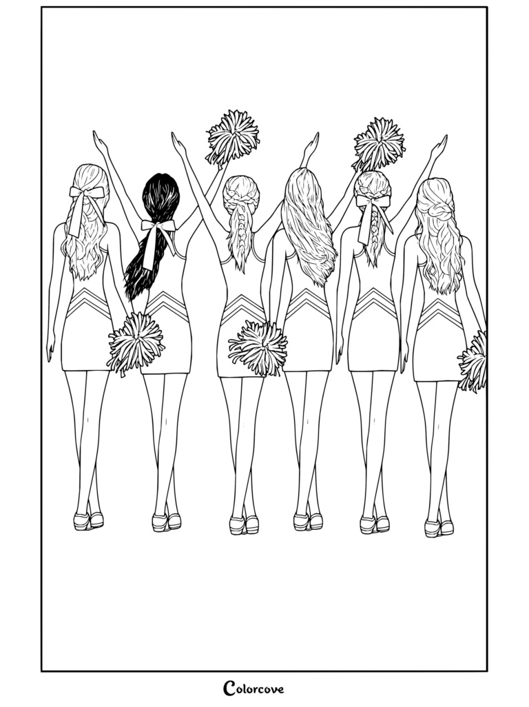 Coloriage de six cheerleaders alignées en uniforme bleu avec des pompons, conçu pour les passionnés de cheerleading.