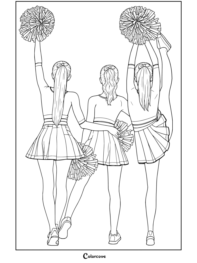 Coloriage de trois cheerleaders en uniforme bleu avec des pompons roses réalisant une acrobatie, idéal pour les fans de Cheerleading.