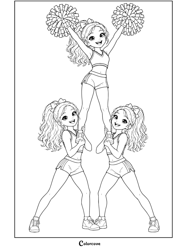 Coloriage de cheerleading représentant trois cheerleaders réalisant une pyramide avec des pompons sur scène.
