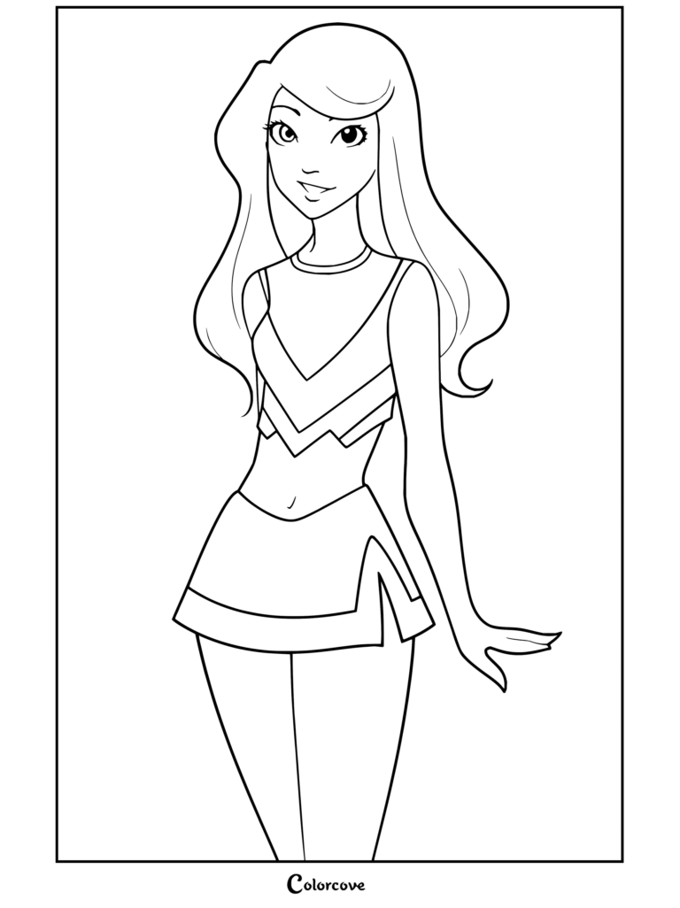 Coloriage d'une cheerleader blonde tout sourire vêtue d'un uniforme orné des lettres DH.