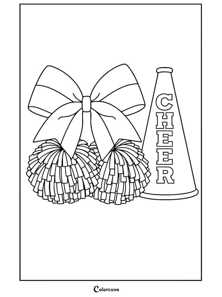 Coloriage de Cheerleading représentant un nœud de cheerleading bleu et or, des pompons et un mégaphone.