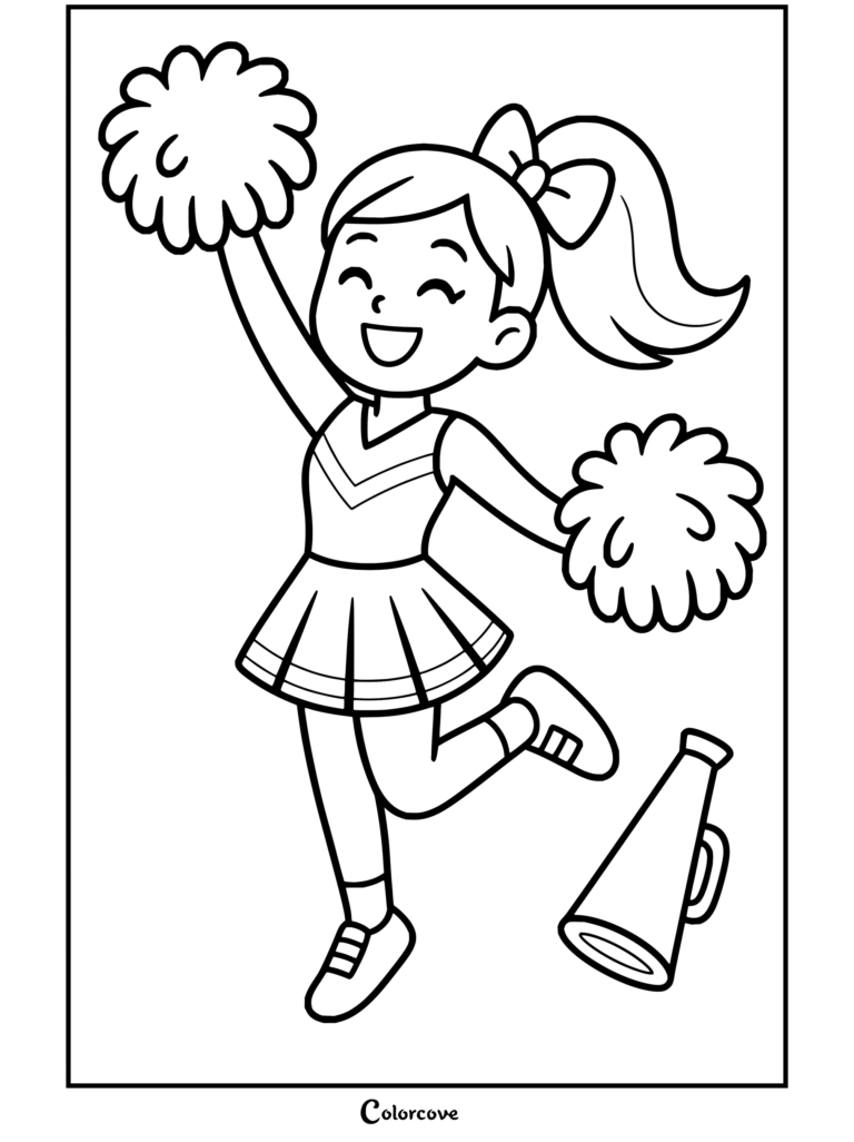 Coloriage à imprimer pour enfants montrant une jeune cheerleader façon dessin animé qui saute avec des pompons.