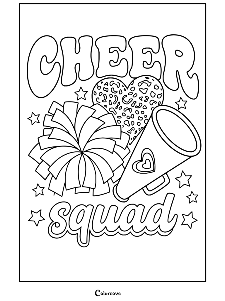 Coloriage Cheer Squad pour les fans de Cheerleading, affichant un mégaphone rose, des pompons, un cœur à motif léopard et des étoiles.