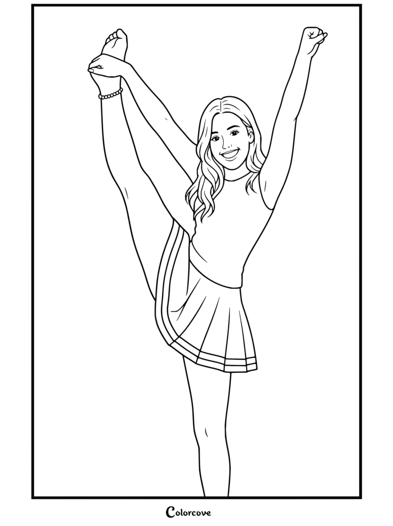 Coloriage gratuit à imprimer d'une joyeuse cheerleader levant la jambe dans une posture d'étirement au cœur d'un parc.