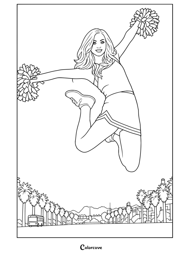 Coloriage de Cheerleading mettant en scène une cheerleader sautant en l'air avec ses pompons devant un ciel bleu et une ville en arrière-plan.