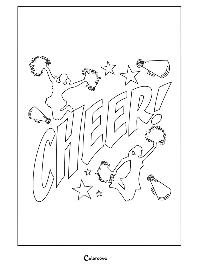 Coloriage à imprimer montrant des silhouettes de cheerleaders sautant avec des pompons et des mégaphones, entourées d'étoiles et du mot CHEER !