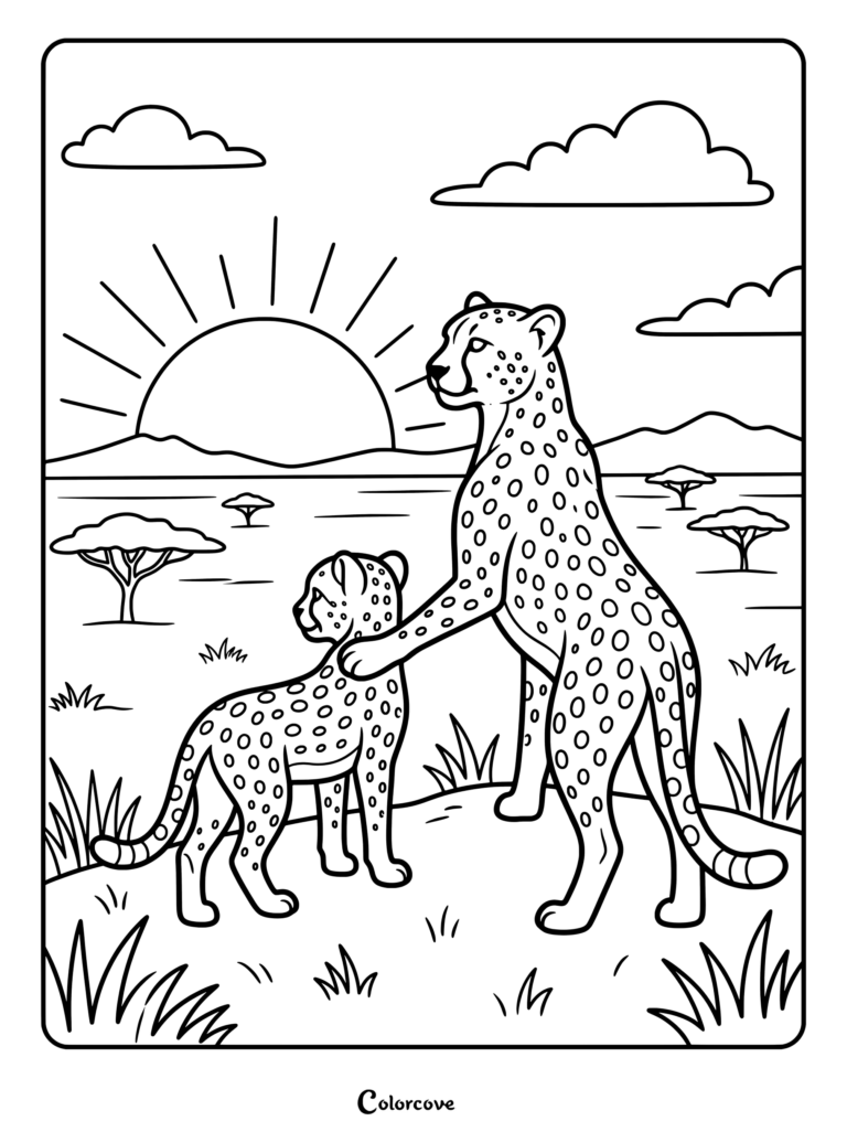 Madre guepardo y su cachorro de guepardo de pie juntos en la sabana durante el atardecer, dibujo para colorear