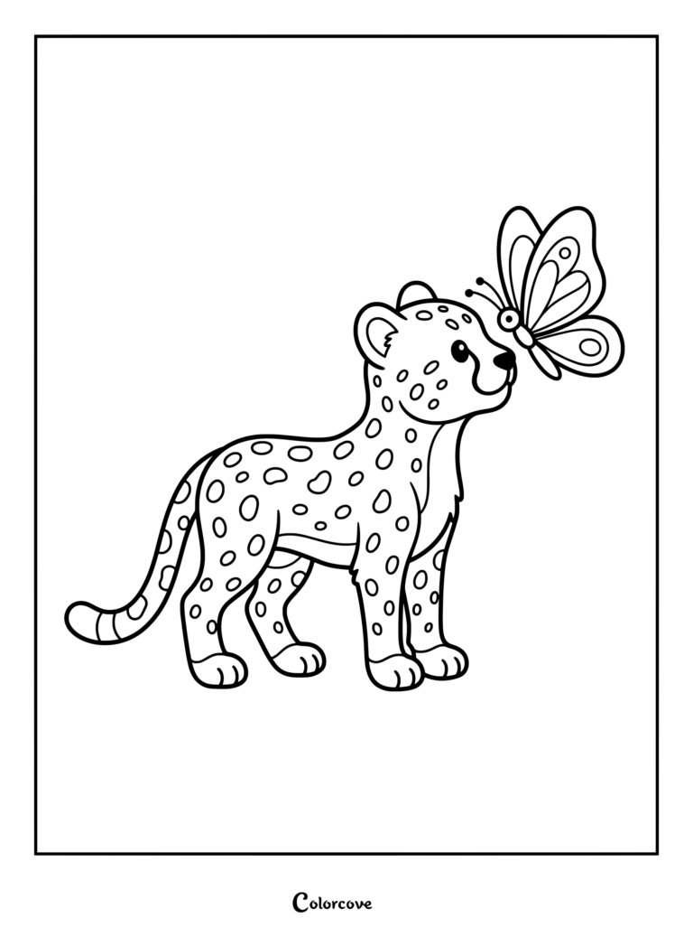 Un lindo dibujo para colorear de guepardo con manchas y una mariposa posada en su nariz.