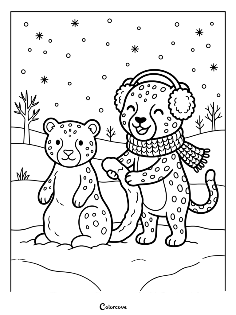Dibujo para colorear de guepardo que presenta a dos amigables cachorros de guepardo con manchas jugando en un paisaje nevado con copos de nieve cayendo.
