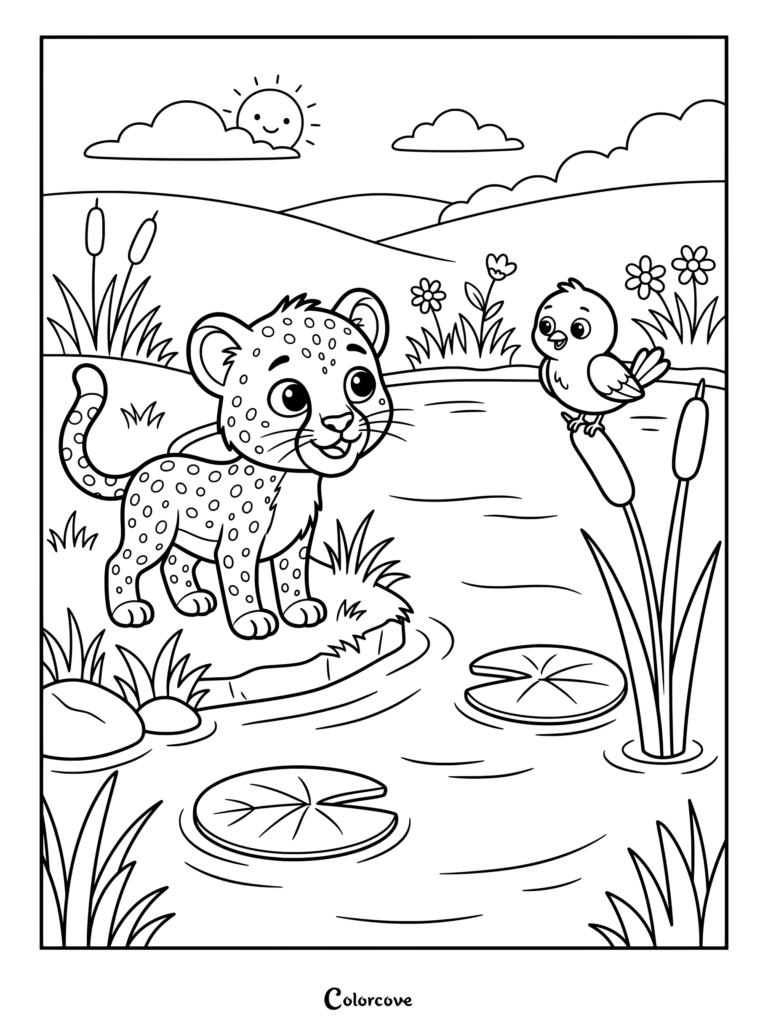 Un lindo dibujo para colorear de guepardo que muestra a un cachorro de guepardo con manchas mirando a un pequeño pájaro posado en una caña cerca de un estanque.