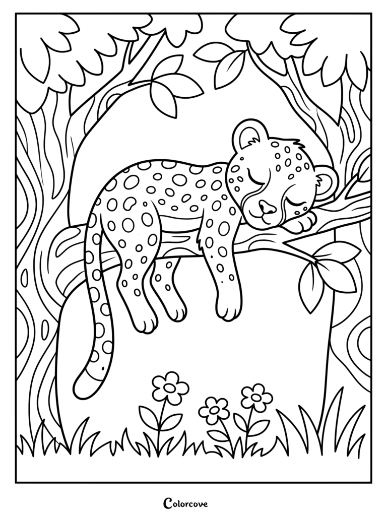 Un dulce dibujo para colorear de guepardo que muestra a un cachorro de guepardo con manchas durmiendo pacíficamente en la rama de un árbol de la selva.