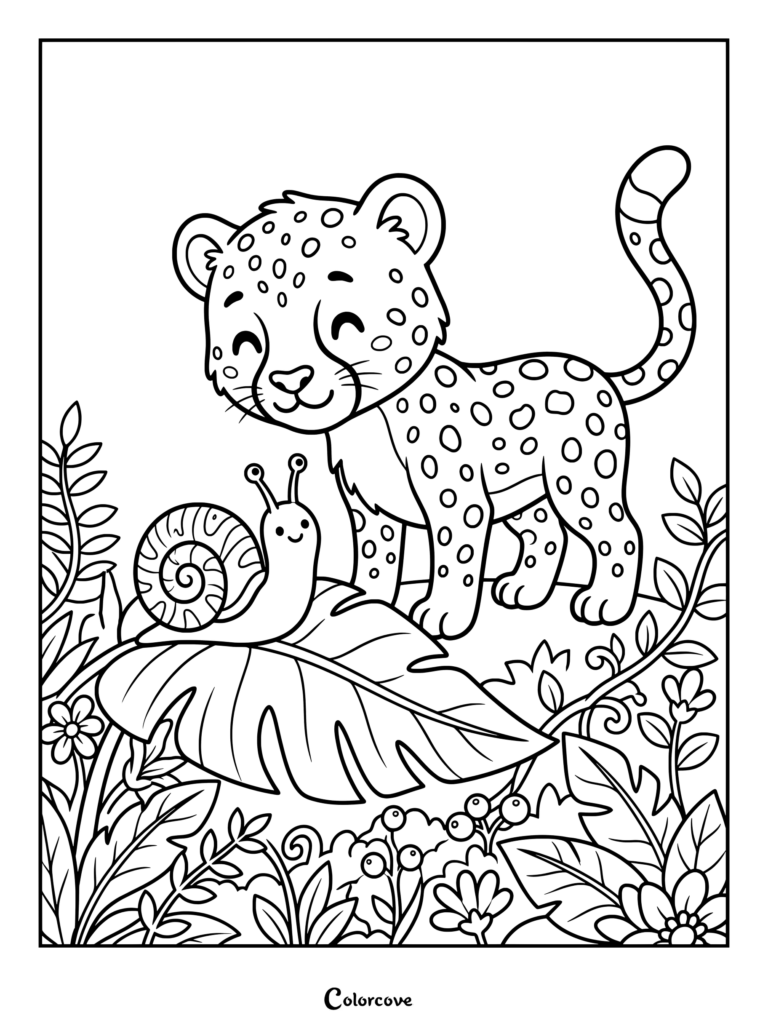 Un amigable dibujo para colorear de guepardo con manchas que presenta a un lindo cachorro de guepardo mirando a un pequeño caracol en una hoja grande.