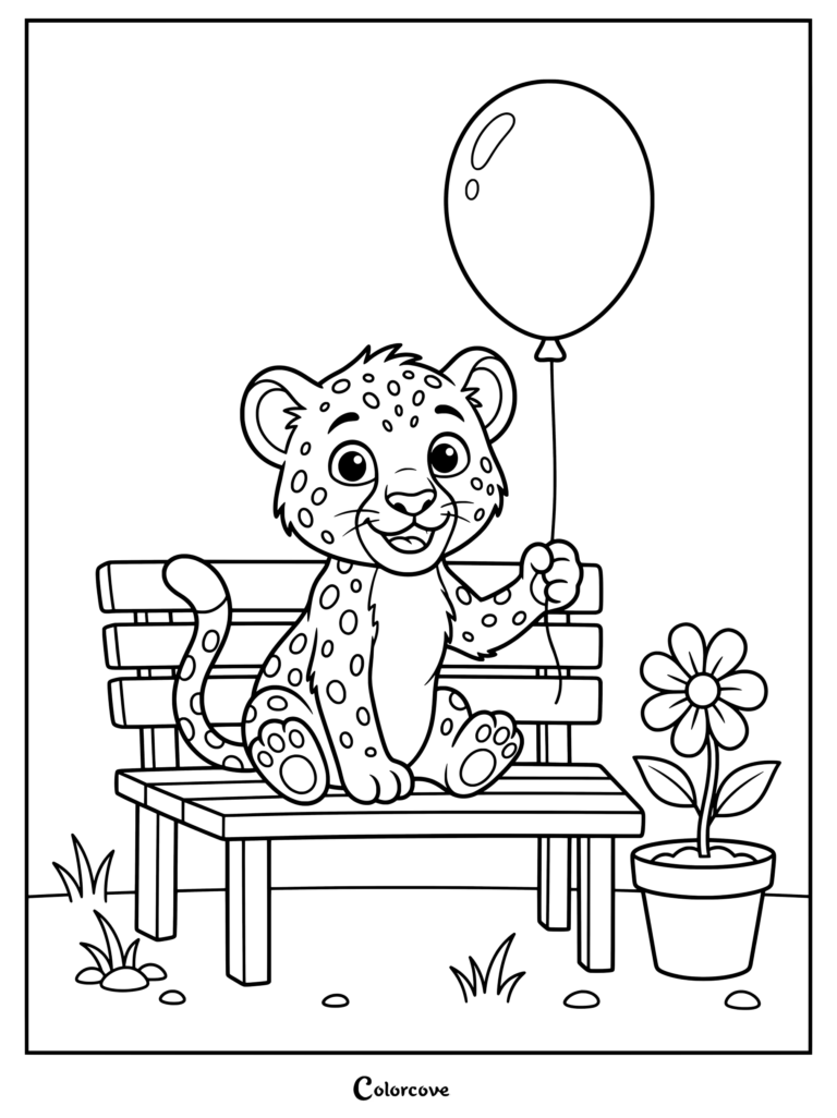 Lindo dibujo para colorear de guepardo que presenta a un alegre cachorro de guepardo sentado en un banco del parque sosteniendo un globo junto a una flor en una maceta.