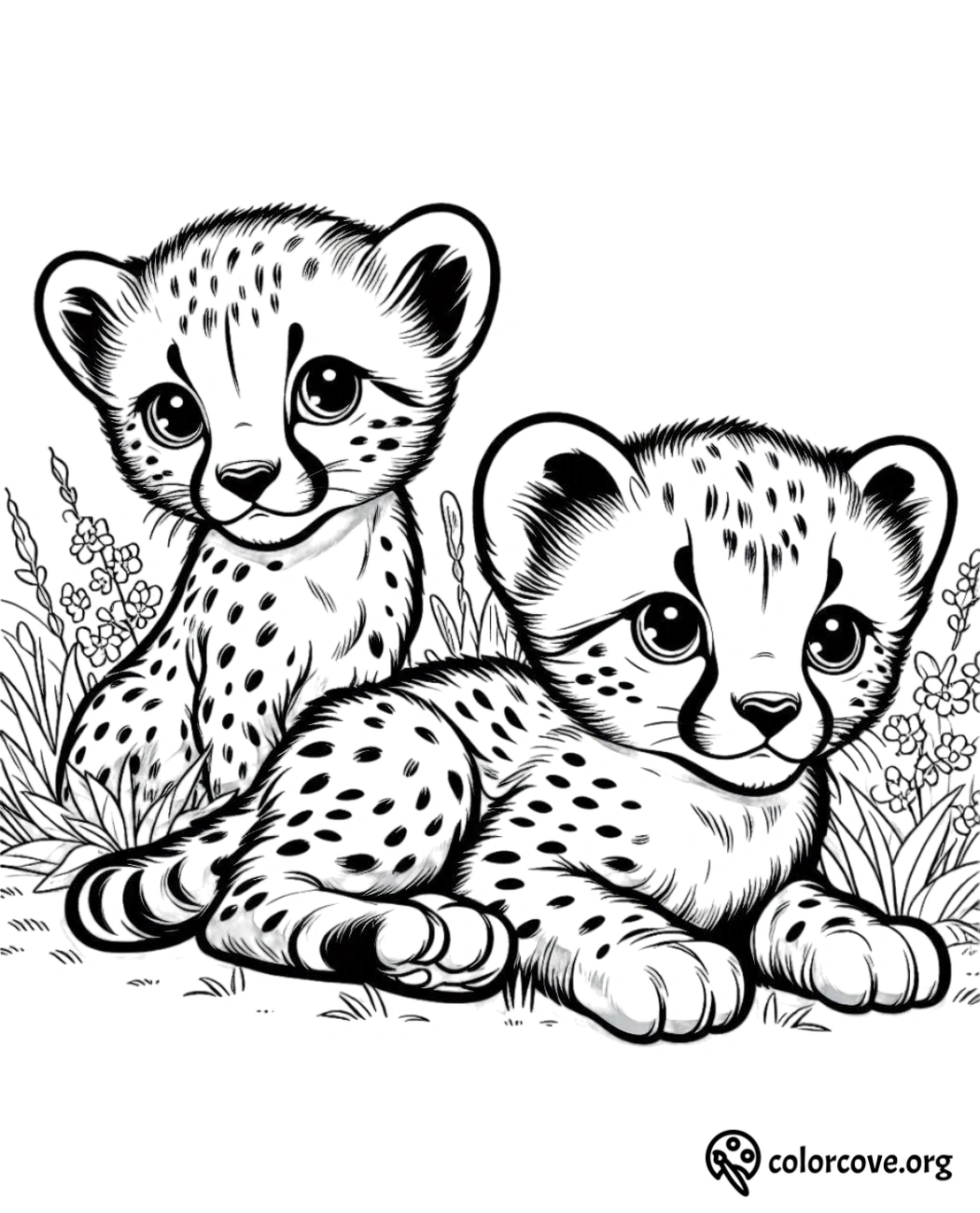 a black and white drawing of two cheetahs