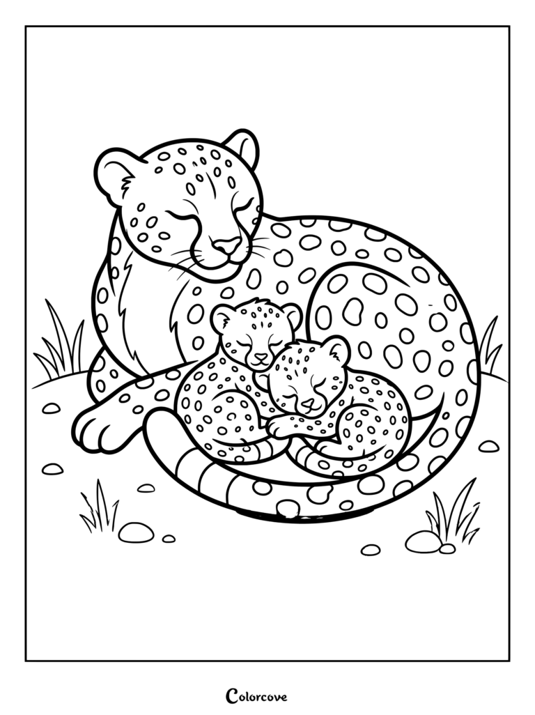 Madre guepardo descansando con dos cachorros de guepardo durmiendo en la hierba, dibujo para colorear