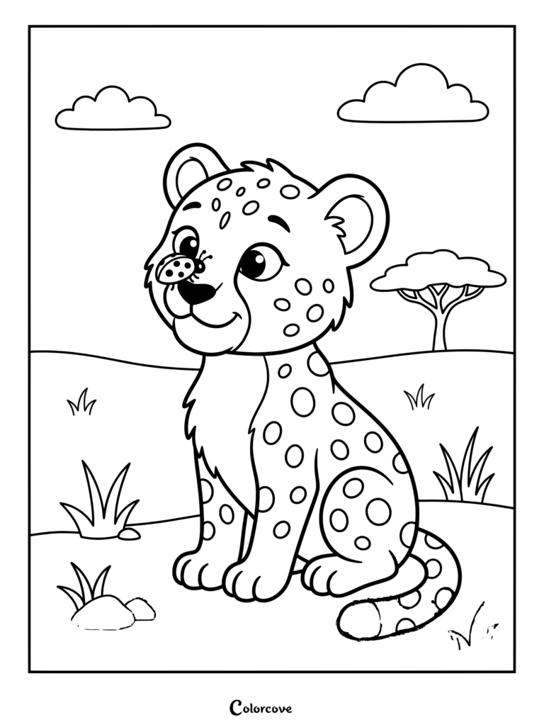 Dibujo para colorear de guepardo imprimible que presenta a un lindo cachorro de guepardo con una mariquita en la nariz en un paisaje de sabana.