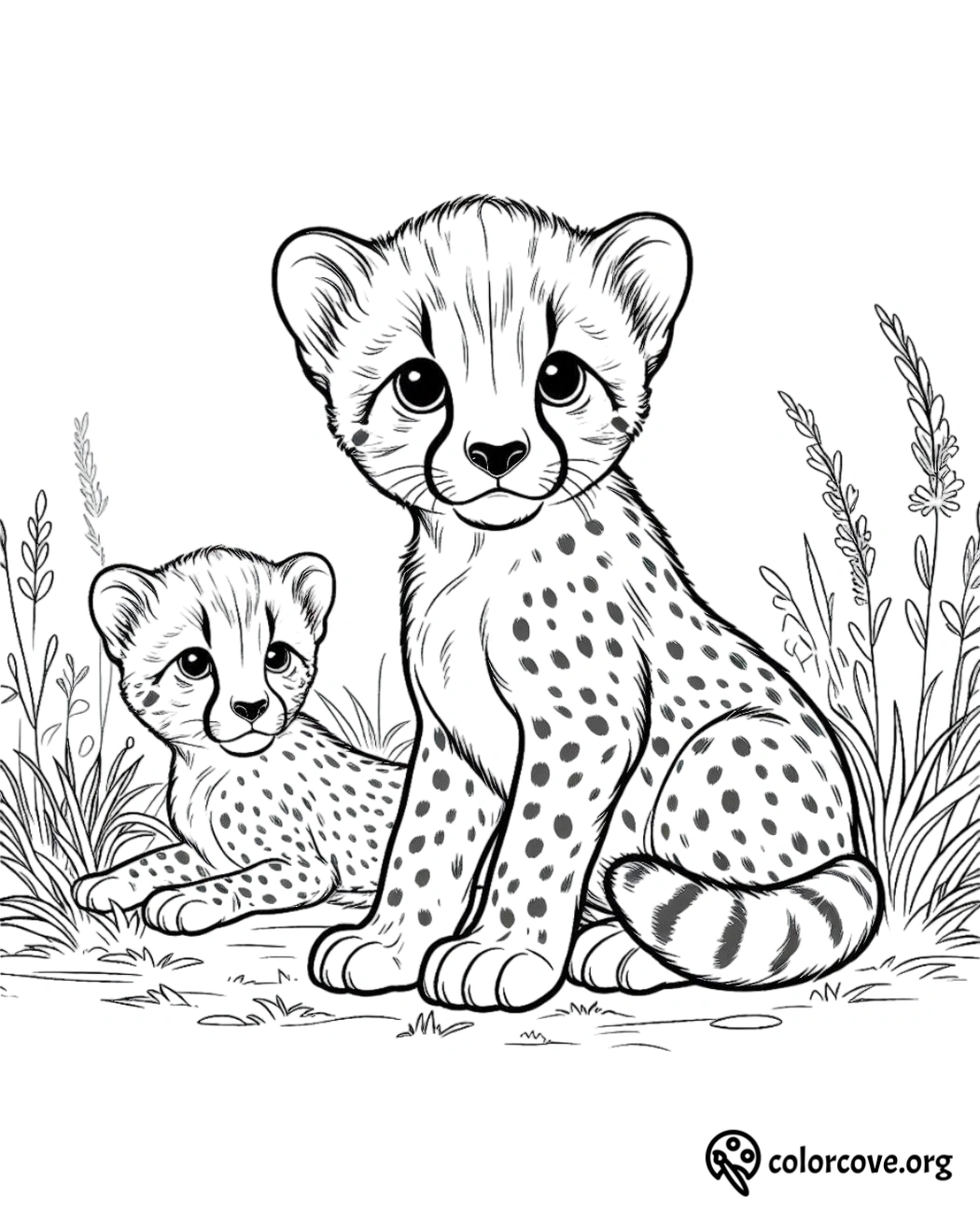 a coloring page of a cheetah and a cub