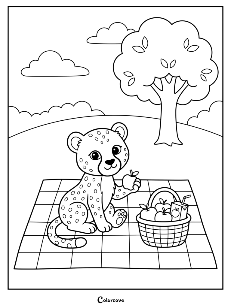 Un lindo guepardo de picnic con manzanas y jugo sobre una manta, dibujo para colorear.