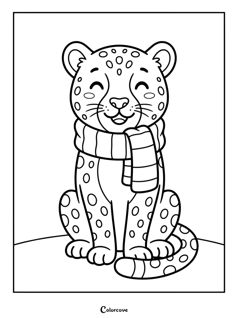 Un amigable guepardo con una acogedora bufanda a rayas, dibujo para colorear.