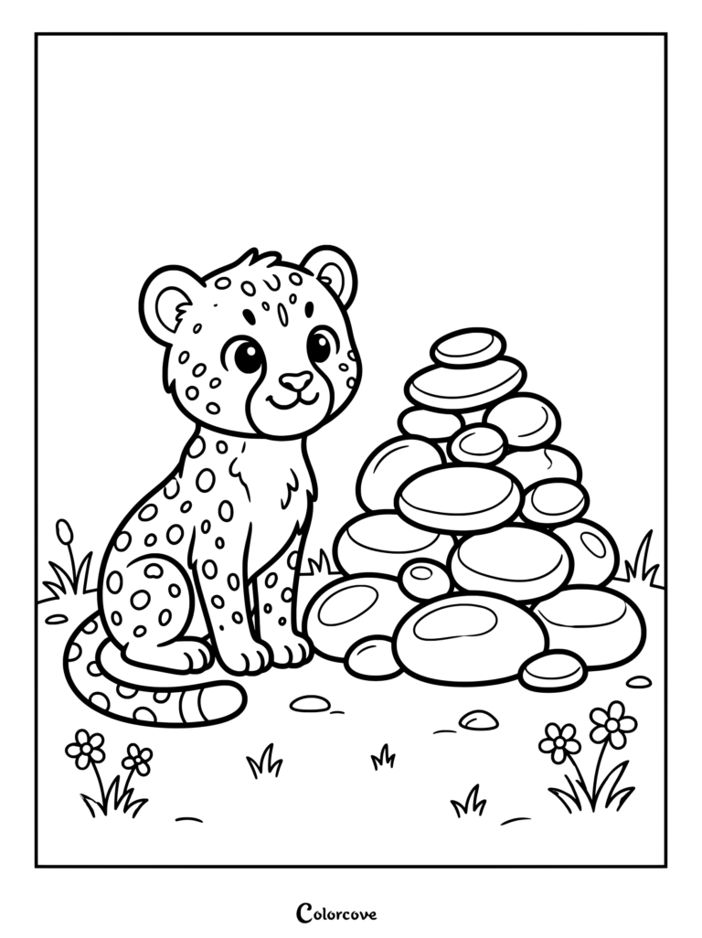 Un lindo guepardo sentado junto a una pila de piedras lisas en este dibujo para colorear imprimible.