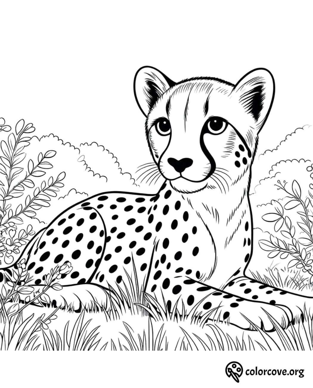 a black and white drawing of a cheetah lying in grass