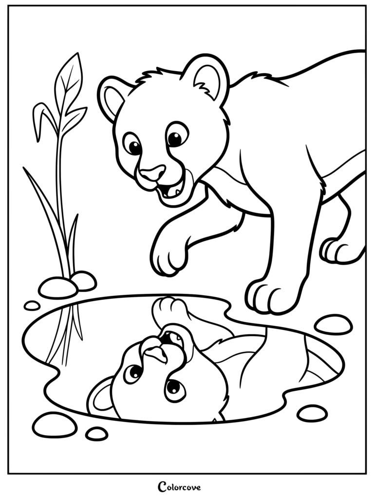 Un lindo guepardo mirando su reflejo en un charco, dibujo para colorear.