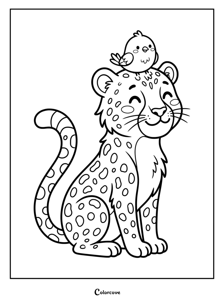 Dibujo para colorear imprimible de un guepardo sonriente sentado con un pequeño pájaro posado en su cabeza.
