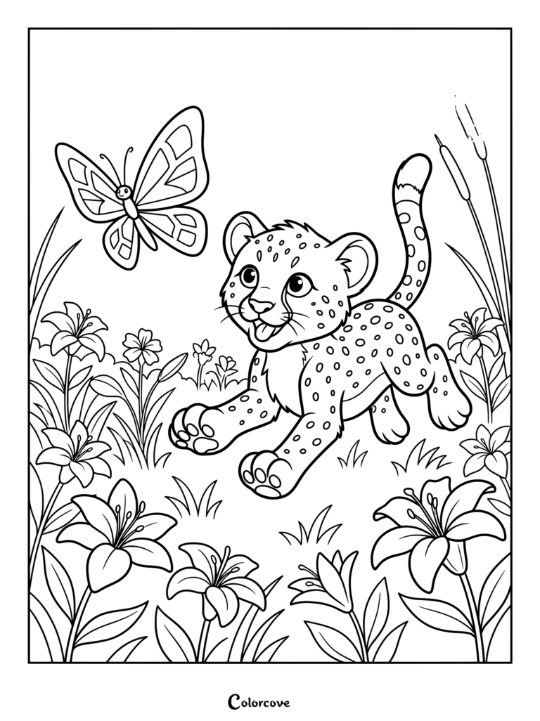 Juguetón cachorro de guepardo corriendo por un campo de lirios persiguiendo una mariposa, dibujo para colorear