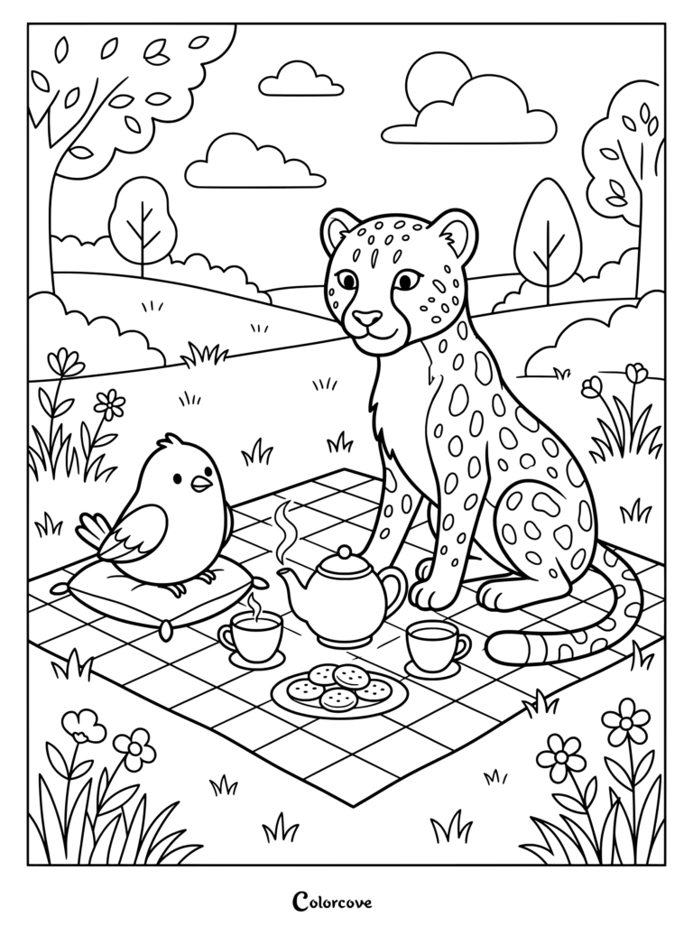 Guepardo teniendo una fiesta de té con un pajarito sobre una manta de picnic a cuadros, dibujo para colorear