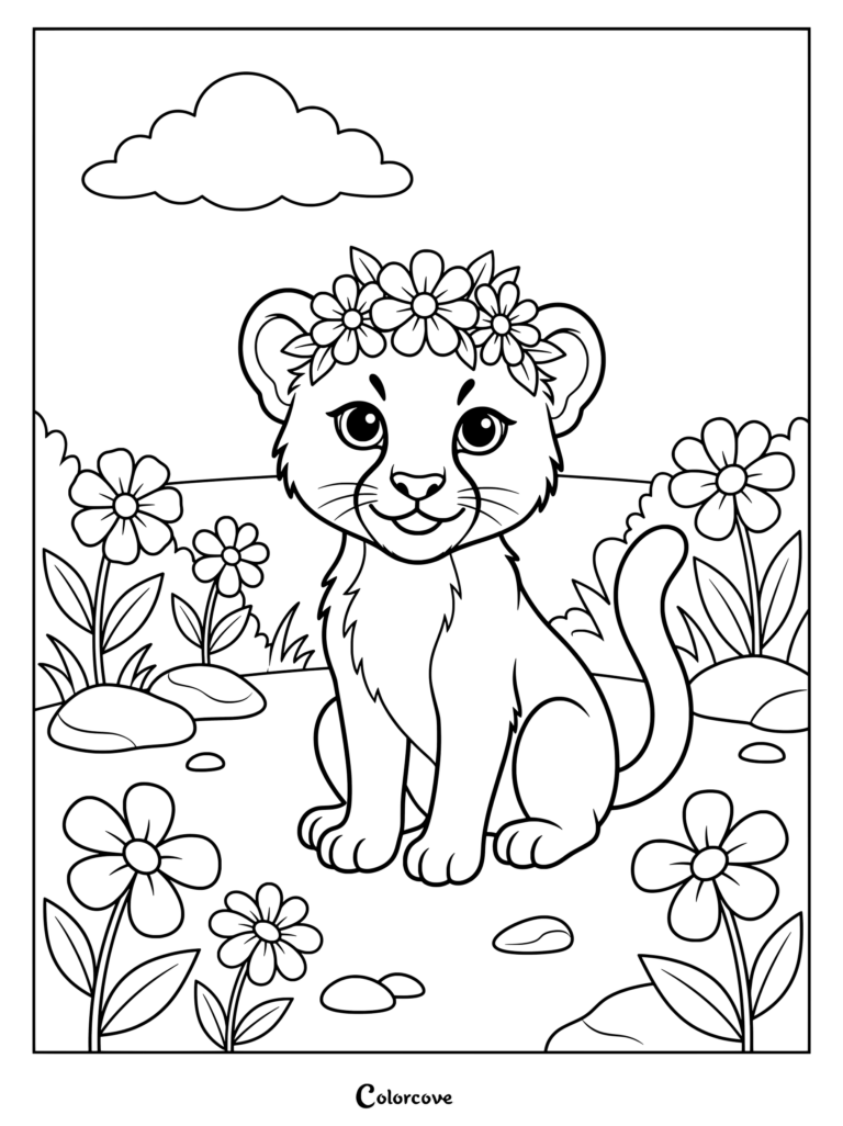 Un lindo cachorro de guepardo con una corona de margaritas en un prado, dibujo para colorear