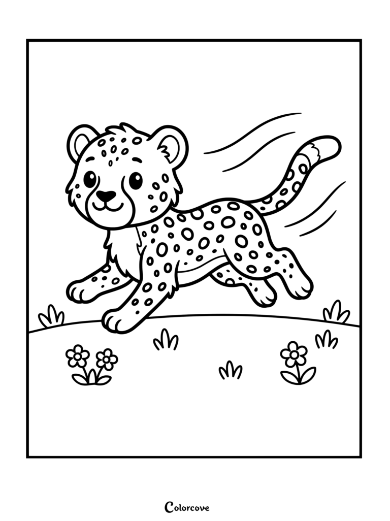 Un adorable guepardo de caricatura corriendo por un campo de hierba con flores, con manchas y líneas de velocidad para un dibujo para colorear dinámico.