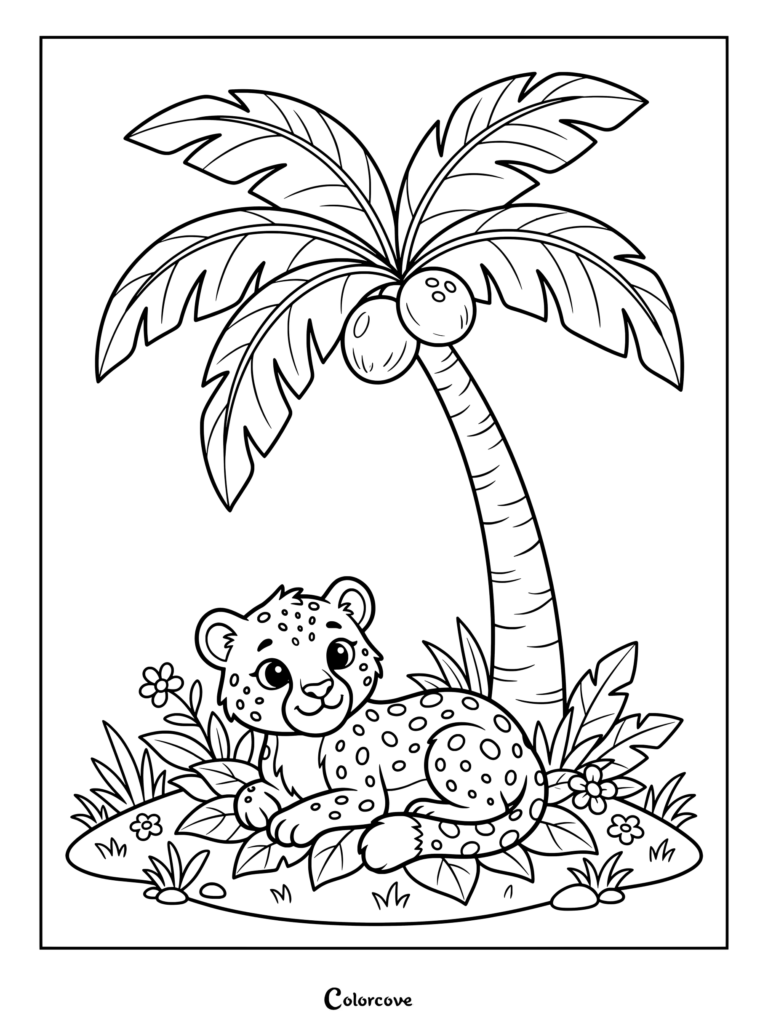 Un amigable cachorro de guepardo descansando bajo una palmera tropical con cocos, dibujo para colorear.