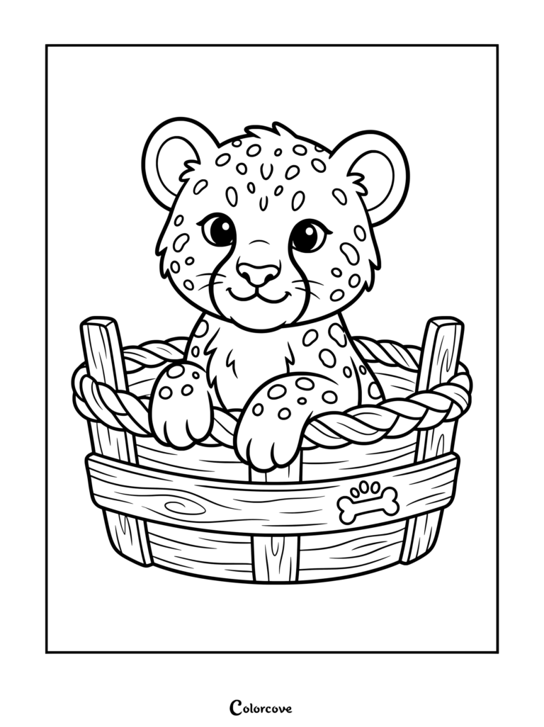 Dibujo para colorear detallado de guepardo que presenta a un lindo cachorro de guepardo con manchas sentado dentro de una cesta de madera rústica con un emblema de hueso.