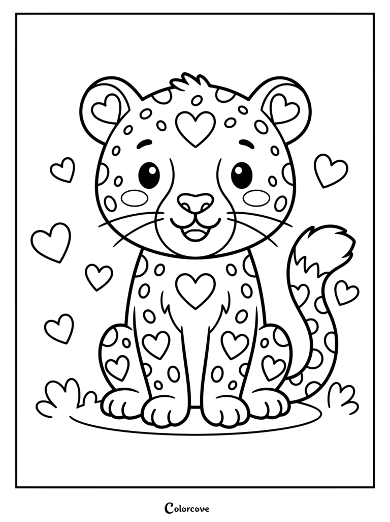 Un amigable dibujo para colorear de cachorro de guepardo rodeado de corazones flotantes.