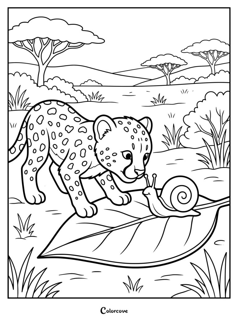 Un lindo dibujo para colorear de guepardo que muestra a un cachorro de guepardo con manchas inspeccionando con curiosidad un pequeño caracol en una hoja en la sabana africana.