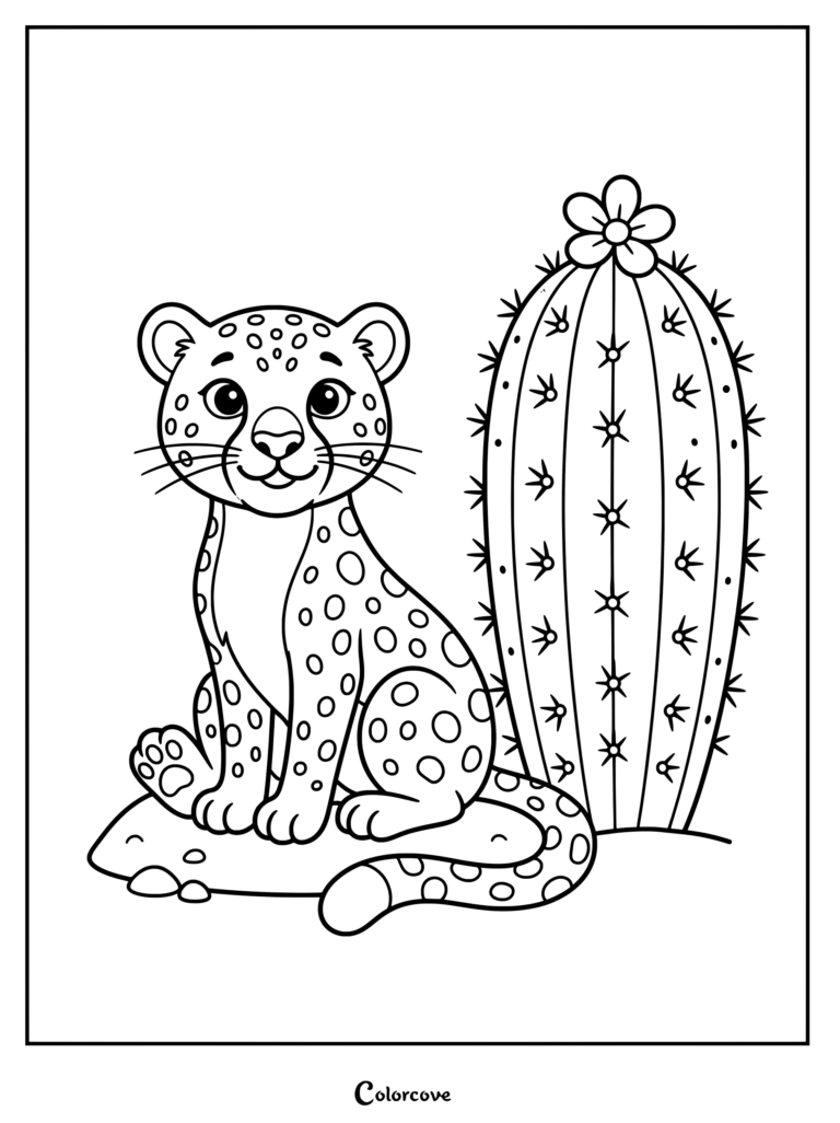 Lindo dibujo para colorear de guepardo que presenta a un cachorro de guepardo con manchas sentado junto a un cactus del desierto en flor.